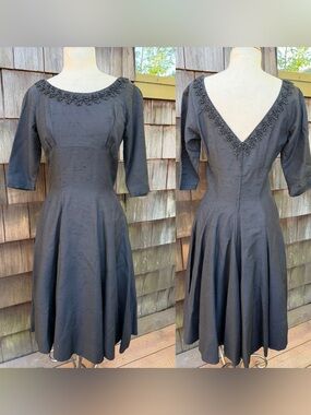 Vintage 60s black midi dress floral trim custom made Sz S/M. Fit and flare style